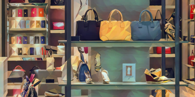 Inside view of the shelves of a store that sells purses and wallets for women.
